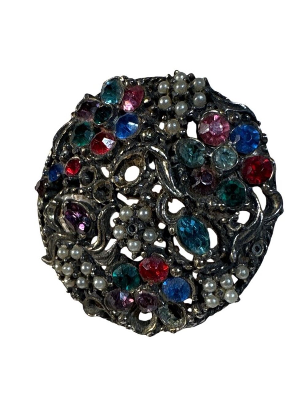 Round Rhinestone & Faux Pearl Brooch Multicolor Gemstones Filigree 1.75" Vintage